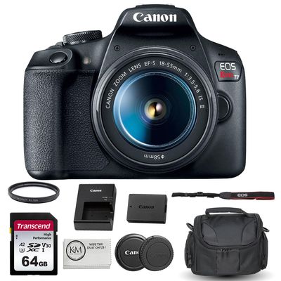 Canon EOS Rebel T7 DSLR Camera with 18-55mm Lens Bundled with 64GB Memory Card + Camera Bag + 58mm UV Filter + Microfiber Cleaning Cloth (5 Items)