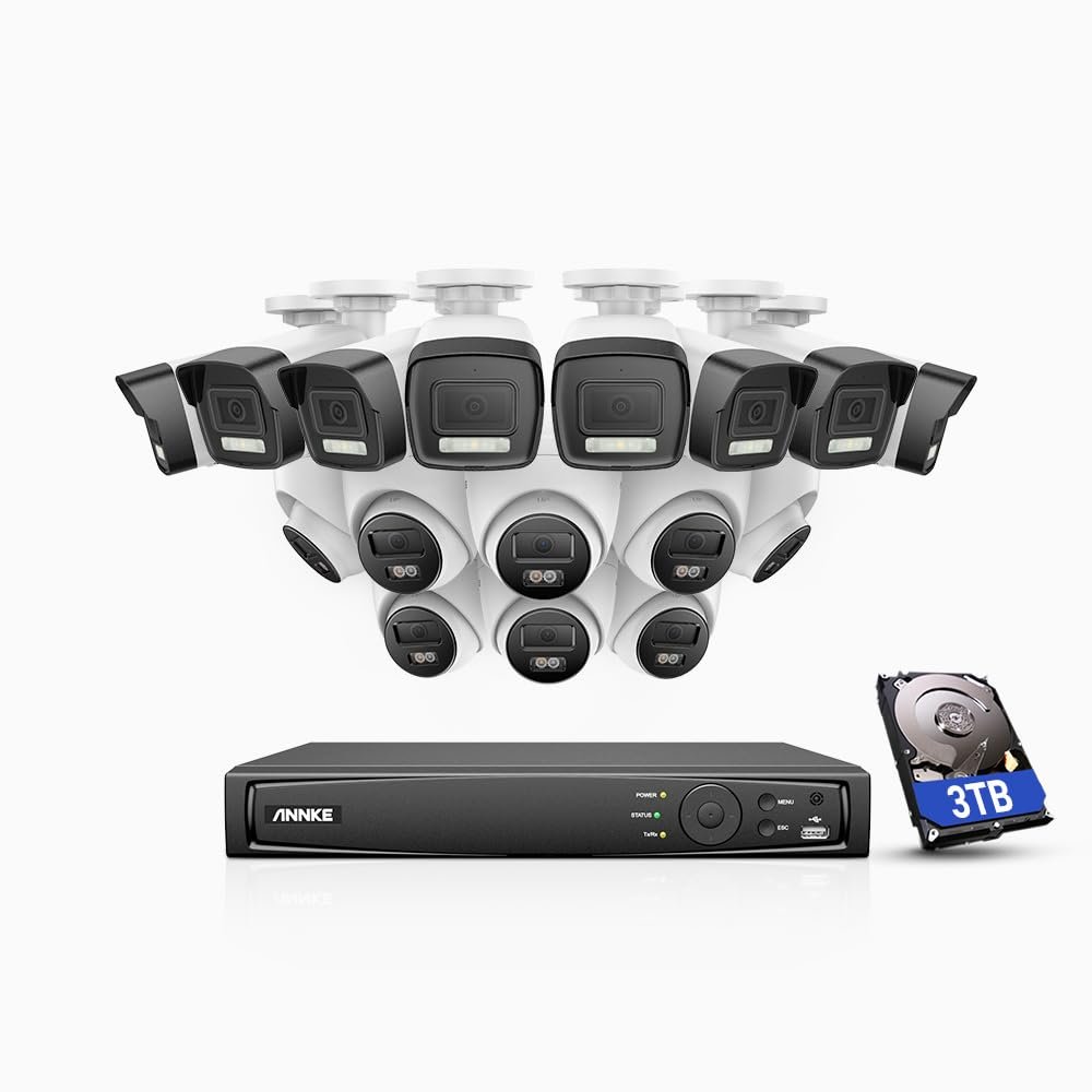 ANNKE 16 Chanel Home Security Camera System, 16pcs H.265+ PoE Security Camera Wired Outdoor, Human Vehicle Detection, Spotlight Color Night Vision, 16CH 4K NVR with 3TB Hard Drive - AH500