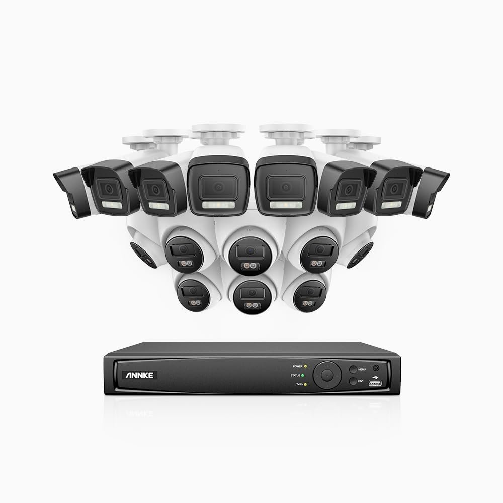 ANNKE 16 Chanel Home Security Camera System, 16pcs H.265+ PoE Security Camera Wired Outdoor, Human Vehicle Detection, Spotlight Color Night Vision, 16CH 4K NVR Without Hard Drive - AH500