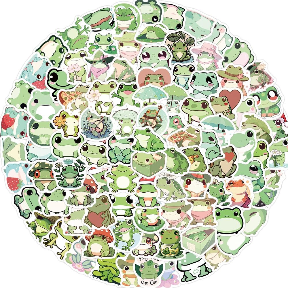 100PCS Cute Frog Small Stickers for Kids Teens, Hapiuen Vinyl Waterproof Stickers for Water Bottle, Laptop, Skateboard, Phone, Funny Cartoon Animal Aesthetic Decals for Frog Lovers, Party Supplies