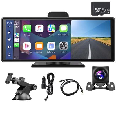 Portable Car Stereo Wireless Apple Carplay & Android Auto 10.26" 2K DVR + 1080P Rear Camera Touchscreen Car Monitor Bluetooth with 32G TF Card Mirror Link/AUX/FM Transmitter for All Vehicle Truck