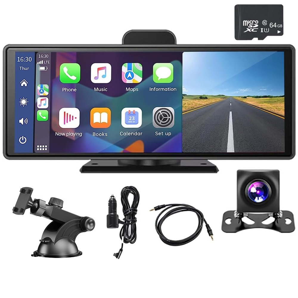 Portable Car Stereo Wireless Apple Carplay & Android Auto 10.26" 2K DVR + 1080P Rear Camera Touchscreen Car Monitor Bluetooth with 32G TF Card Mirror Link/AUX/FM Transmitter for All Vehicle Truck
