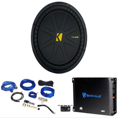 KICKER 50CWCD154 CompC 15" DVC Car Subwoofer Bundle with Rockville Mono Amplifier+Amp Kit CWCD154 (3 Items)