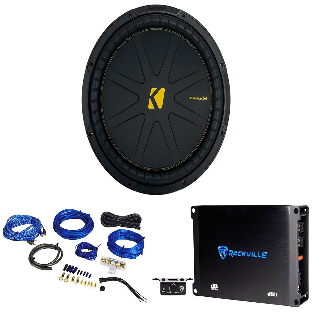 KICKER 50CWCD154 CompC 15" DVC Car Subwoofer Bundle with Rockville Mono Amplifier+Amp Kit CWCD154 (3 Items)