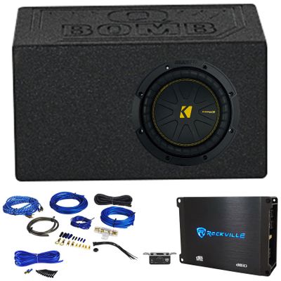 KICKER 50CWCS84 CompC 8" SVC 4 ohm Subwoofer Bundle with Rockville Vented Box+Amplifier+Amp Kit CWCS84 (5 Items)