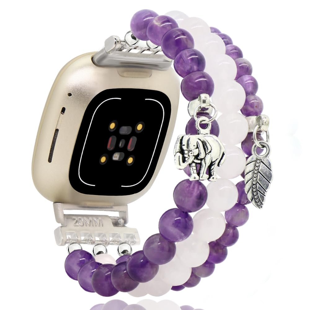 C&L Accessories Bracelets Compatible with Fitbit Versa 3 Bands/Versa 4 Bands/Fitbit Sense 2/Sense Bands for Women Men Beaded Gemstone (Amethyst/Rose Quartz)