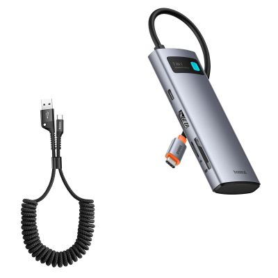 Baseus 7 in 1 Laptop Docking Station and Baseus USB Type C Cable for Car, Retractable Cable(3FT) Curly USB A to USB-C Fast Charger Cord