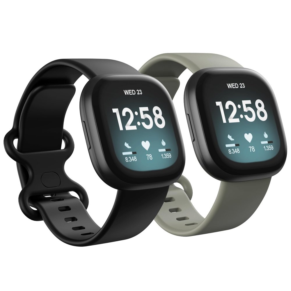2 Pack Waterproof Bands Compatible with Fitbit Versa 3 / Fitbit Versa 4 / Fitbit Sense/Sense 2 Bands, Classic Soft Sports Replacement Wristbands for Women Men (Large 7.1''-8.7'', black/grey)