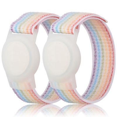 Kids Wristband Compatible with Apple AirTag, Protective Case for Air Tag GPS Tracker Holder with Nylon Bracelet, Adjustable Anti Lost Watch Band for Toddler Child Elder(2PacksRainbowA)