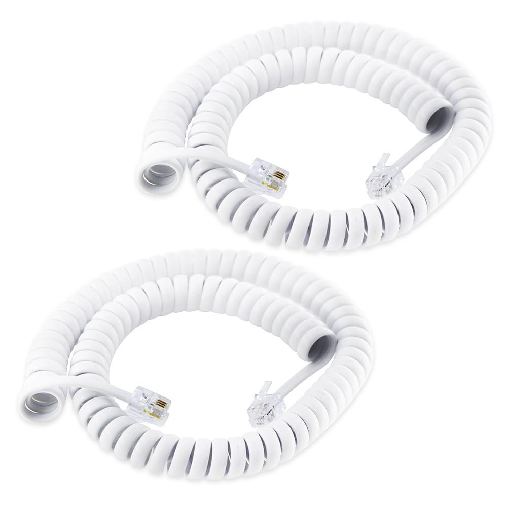 XANHAM Telephone Handset Cords Uncoiled 10 feet(Coiled 1.2 feet) with RJ9 4P4C Connectors Cable for Landline Phone, White, 2 Pack, Universally Compatible, AV04705