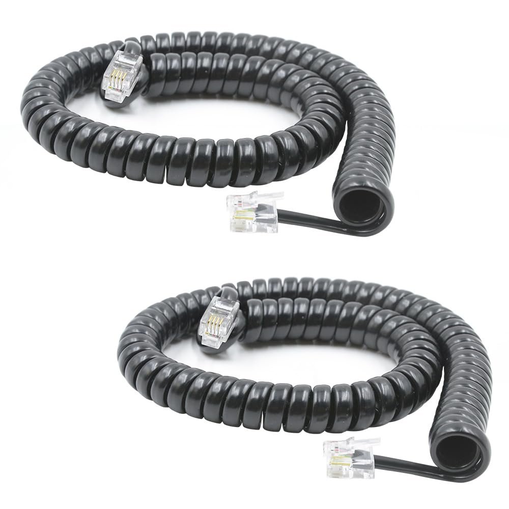 XANHAM Telephone Handset Cords Uncoiled 10 feet(Coiled 1.2 feet) with RJ9 4P4C Connectors Cable for Landline Phone, Black, 2 Pack, Universally Compatible, AV04805