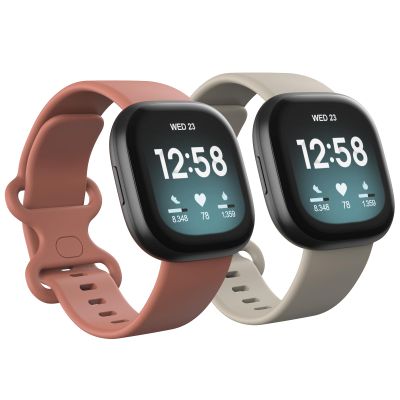 2 Pack Waterproof Bands Compatible with Fitbit Versa 3 / Fitbit Versa 4 / Fitbit Sense/Sense 2 Bands, Classic Soft Sports Replacement Wristbands for Women Men (Large 7.1''-8.7'', Almond/Pink)