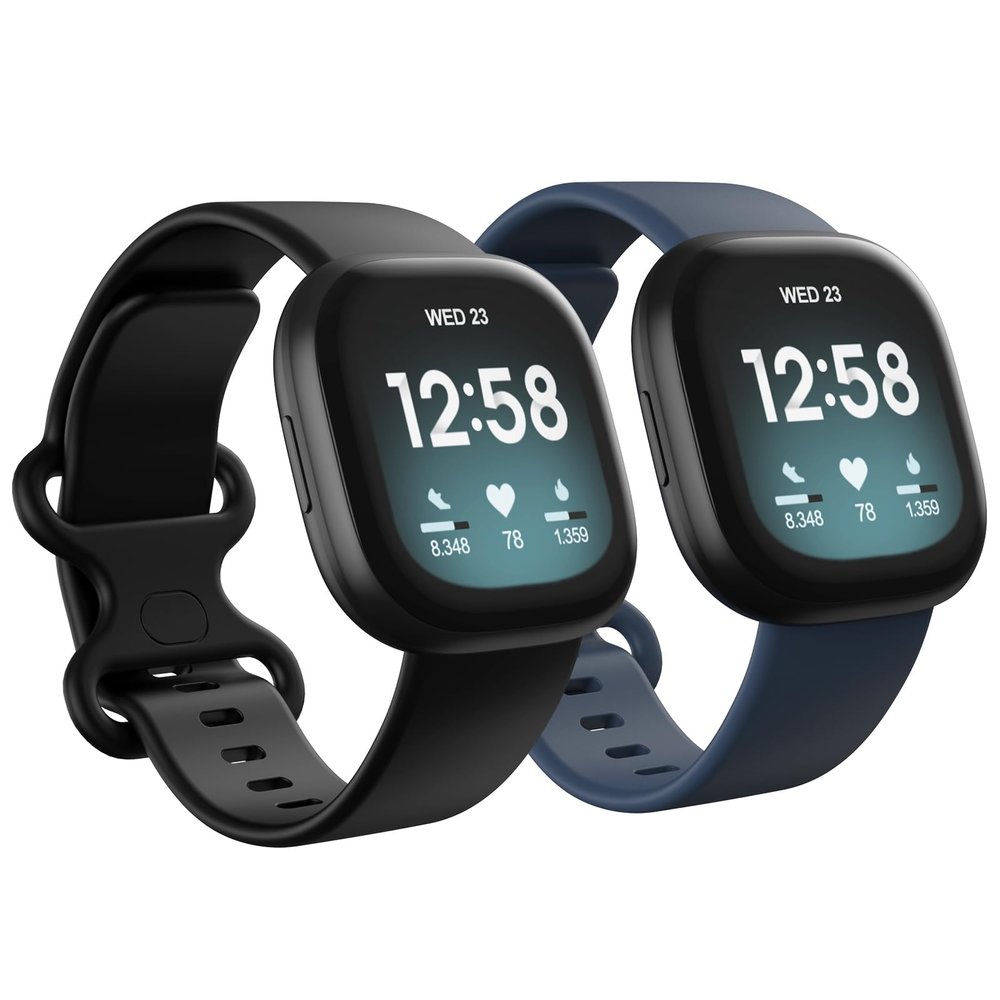 2 Pack Waterproof Bands Compatible with Fitbit Versa 3 / Fitbit Versa 4 / Fitbit Sense/Sense 2 Bands, Classic Soft Sports Replacement Wristbands for Women Men (Small 5.5''-7.1'', black/navy)