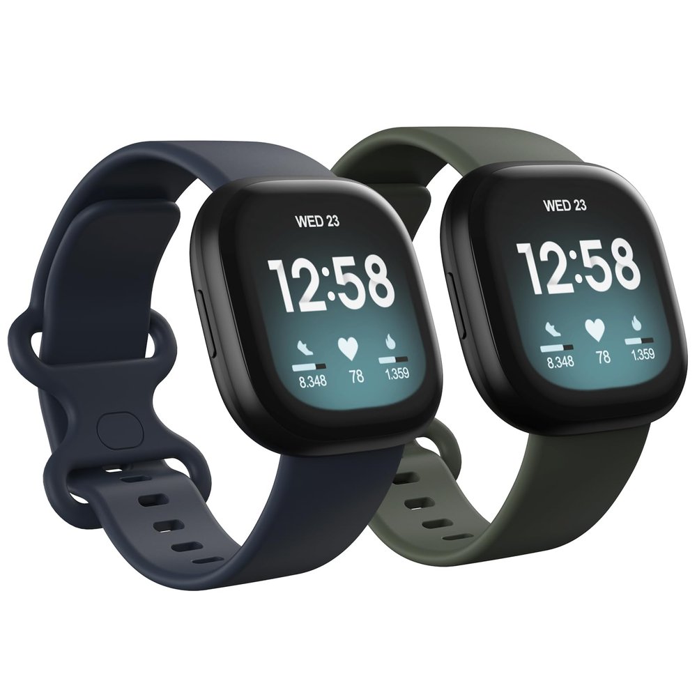 2 Pack Waterproof Bands Compatible with Fitbit Versa 3 / Fitbit Versa 4 / Fitbit Sense/Sense 2 Bands, Classic Soft Sports Replacement Wristbands for Women Men (Large 7.1''-8.7'', Dark Blue/Dark Green)