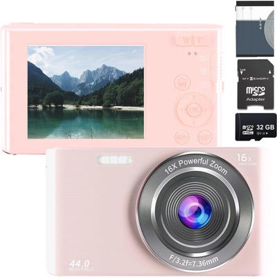 eDealz 44MP Digital Camera - Compact Point & Shoot with 32GB SD Card, 16X Digital Zoom, 2.4 Inch Screen - Vlogging Camera for Teens & Seniors (Pink)