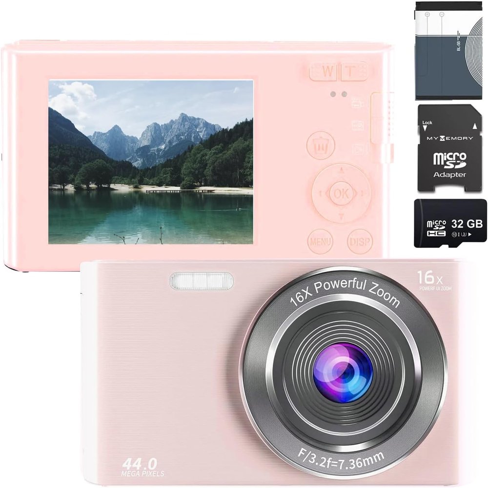 eDealz 44MP Digital Camera - Compact Point & Shoot with 32GB SD Card, 16X Digital Zoom, 2.4 Inch Screen - Vlogging Camera for Teens & Seniors (Pink)