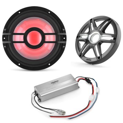Clarion Marine Bass Bundle - CMSP-101RGB-2 10" RGB LED subwoofer Includes Gunmetal Grill, Marine XC2110 Amplifier