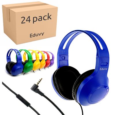 Eduvy Bulk Headphones for Classroom with Microphone, Heavy-Duty School Pack Wired Headphones for Students. Teacher Must Haves Supplies from Elementary to College (24 Pack Mixed Color)