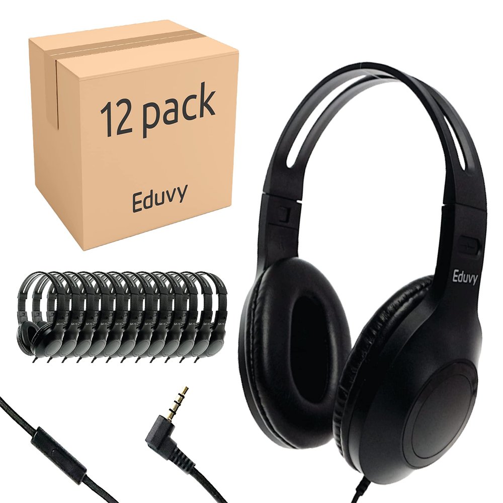 Eduvy Bulk Headphones for Classroom with Microphone, Heavy-Duty School Pack Wired Headphones for Students. Teacher Must Haves Supplies from Elementary to College (12 Pack Black)
