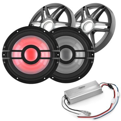 Clarion Marine Bass Bundle - (2) CMSP-101RGB-4 10" RGB LED subwoofers Includes Gunmetal Grilles, Marine XC2110 Amplifier