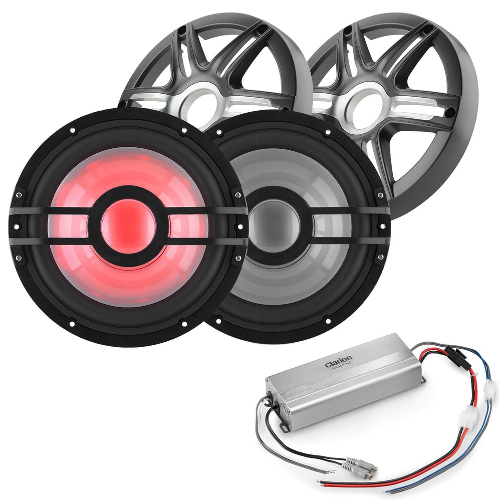 Clarion Marine Bass Bundle - (2) CMSP-101RGB-4 10" RGB LED subwoofers Includes Gunmetal Grilles, Marine XC2110 Amplifier