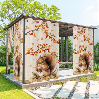 Outdoor Curtain for Patio Waterproof, Thanksgiving Fall Squirrel Maple Leaf Cotton Linen Background Windows Curtains Panels Outside Drapes for Living room/Pergola/Garden/Balcony 52"W x 108"L x 2
