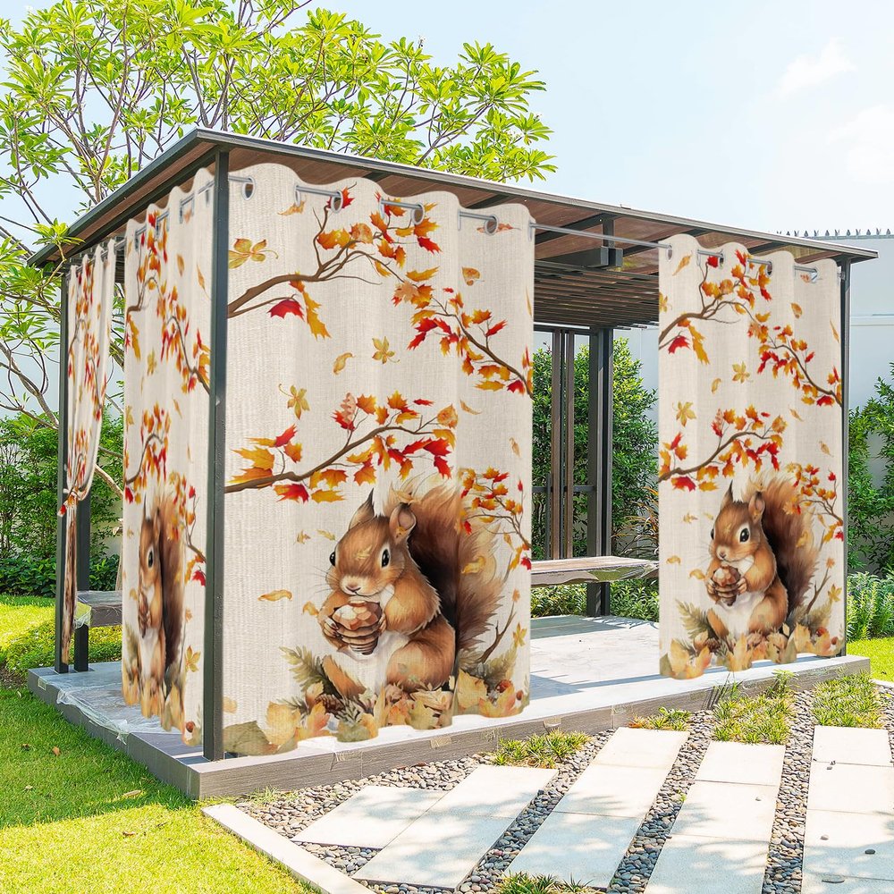 Outdoor Curtain for Patio Waterproof, Thanksgiving Fall Squirrel Maple Leaf Cotton Linen Background Windows Curtains Panels Outside Drapes for Living room/Pergola/Garden/Balcony 52"W x 108"L x 2