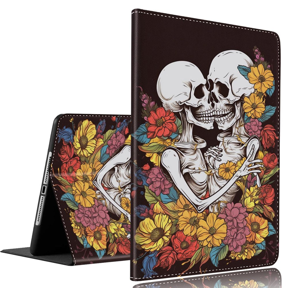 Case for New iPad Mini 6 Case (8.3-Inch,2021 Model), iPad Mini 6th Gen CaseSlim Fit Foldable Standing Cover Case with Auto Sleep/Wake for iPad Mini 6th Gen 2021Kissing Sugar Skeletons Flower