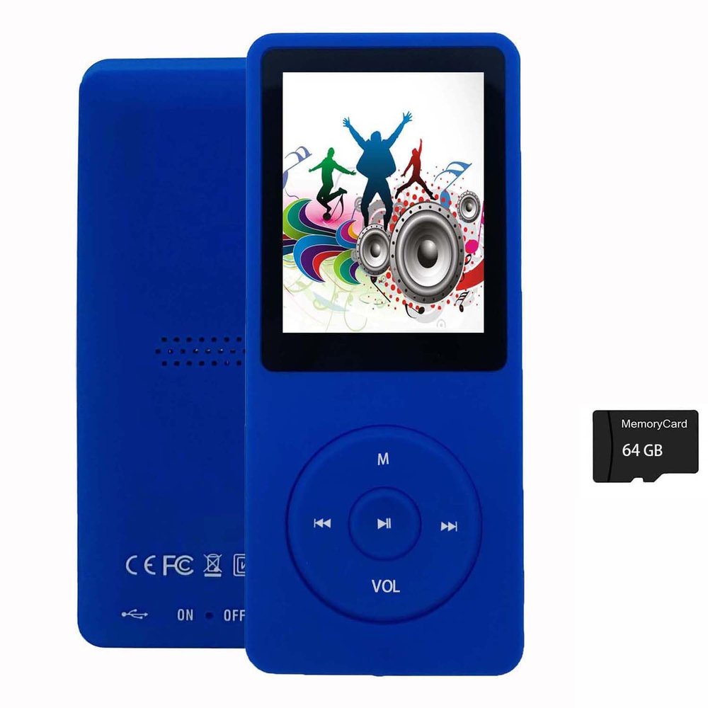 64GB MP3 Player with Speaker Earphones Portable Music Player for Kids Support Voice Recording Picture Video E-Book, Blue