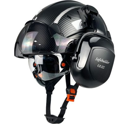 SAFEBUILDER Safety Helmet With Goggles Ear Muffs Work at Hight Carbon Fiber Abs Hard Hats For Industrial Construction Head Protection ANSI Z89.1 Approve (01-Matte Black+Clear&Tinted Goggle+B07Earmuff)