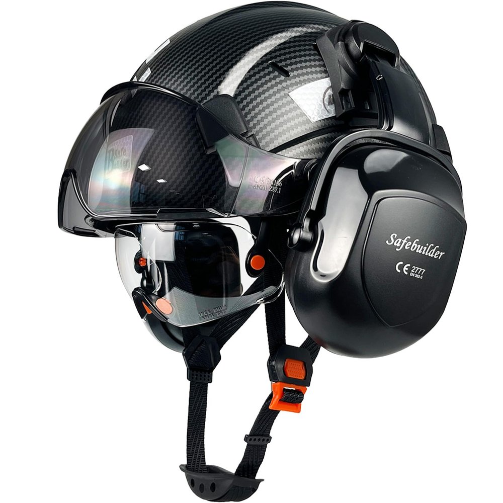 SAFEBUILDER Safety Helmet With Goggles Ear Muffs Work at Hight Carbon Fiber Abs Hard Hats For Industrial Construction Head Protection ANSI Z89.1 Approve (01-Matte Black+Clear&Tinted Goggle+B07Earmuff)