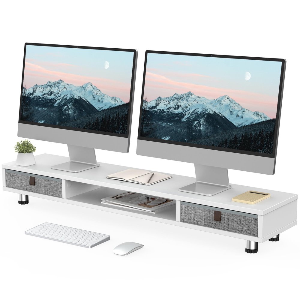 Fenge Dual Monitor Stand with 2 Drawers, 42.5 Inches Large Computer Riser for Desk, Adjustable Height Desk Shelf with Storage for Laptop, PC, TV, Printer