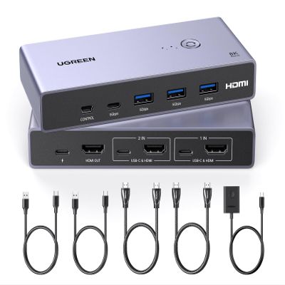 UGREEN 8K HDMI KVM Switch with 4 USB 3.0 Ports (3 USB-A + 1 USB-C) for 2 Computers Share 1 Monitor Keyboard Mouse Hard Drives Printer with 2 HDMI Cables, 2 USB Cables and Controller