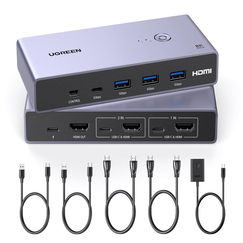 UGREEN 8K HDMI KVM Switch with 4 USB 3.0 Ports (3 USB-A + 1 USB-C) for 2 Computers Share 1 Monitor Keyboard Mouse Hard Drives Printer with 2 HDMI Cables, 2 USB Cables and Controller