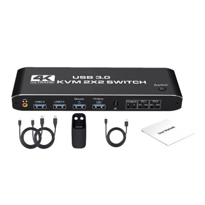 ZEZEFUFU 2 in 2 Out HD KVM Switch 4K@60Hz USB 3.0 Dual Monitor Extended Display Aluminum Alloy Case HD KVM Switch with Keyboard Hotkey