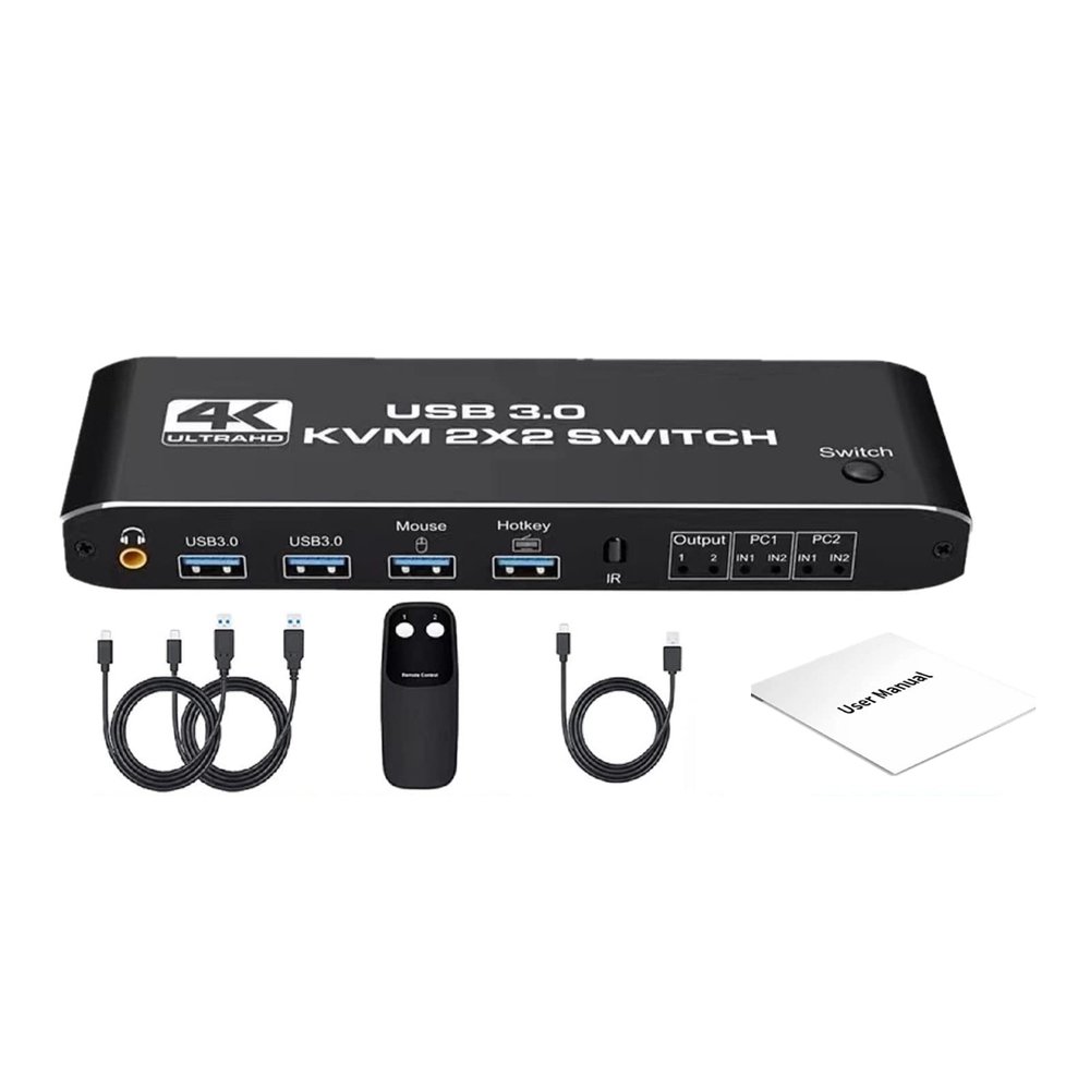 ZEZEFUFU 2 in 2 Out HD KVM Switch 4K@60Hz USB 3.0 Dual Monitor Extended Display Aluminum Alloy Case HD KVM Switch with Keyboard Hotkey