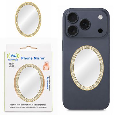 Wireless City Oval Phone Mirror Stick-On, Gold Diamond Bling Makeup Mirror with Cubic Zirconia, 5.57cm Stick on Mirror Ideal for Makeup and Womens Touch-Ups