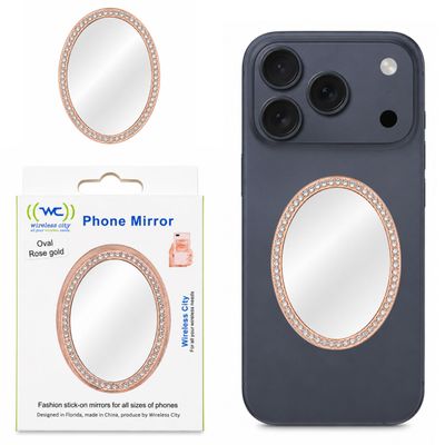 Wireless City Oval Phone Mirror Stick-On, Rose Gold Diamond Bling Makeup Mirror with Cubic Zirconia, 5.57cm Ideal for Makeup and Womens Touch-Ups