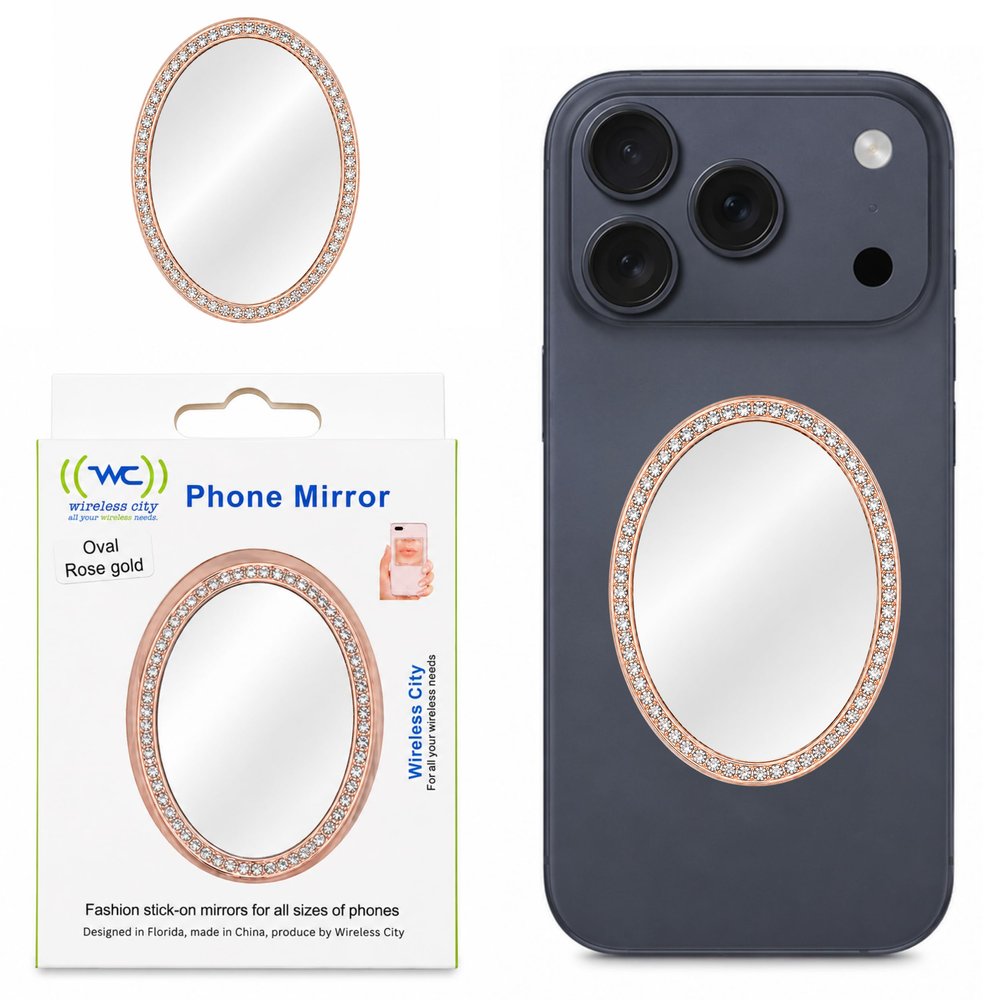 Wireless City Oval Phone Mirror Stick-On, Rose Gold Diamond Bling Makeup Mirror with Cubic Zirconia, 5.57cm Ideal for Makeup and Womens Touch-Ups