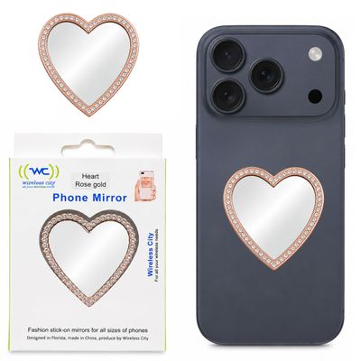 Wireless City Heart Phone Mirror Stick-On, Rose Gold Diamond Bling Makeup Mirror with Cubic Zirconia, 5.5cm Ideal for Makeup and Womens Touch-Ups