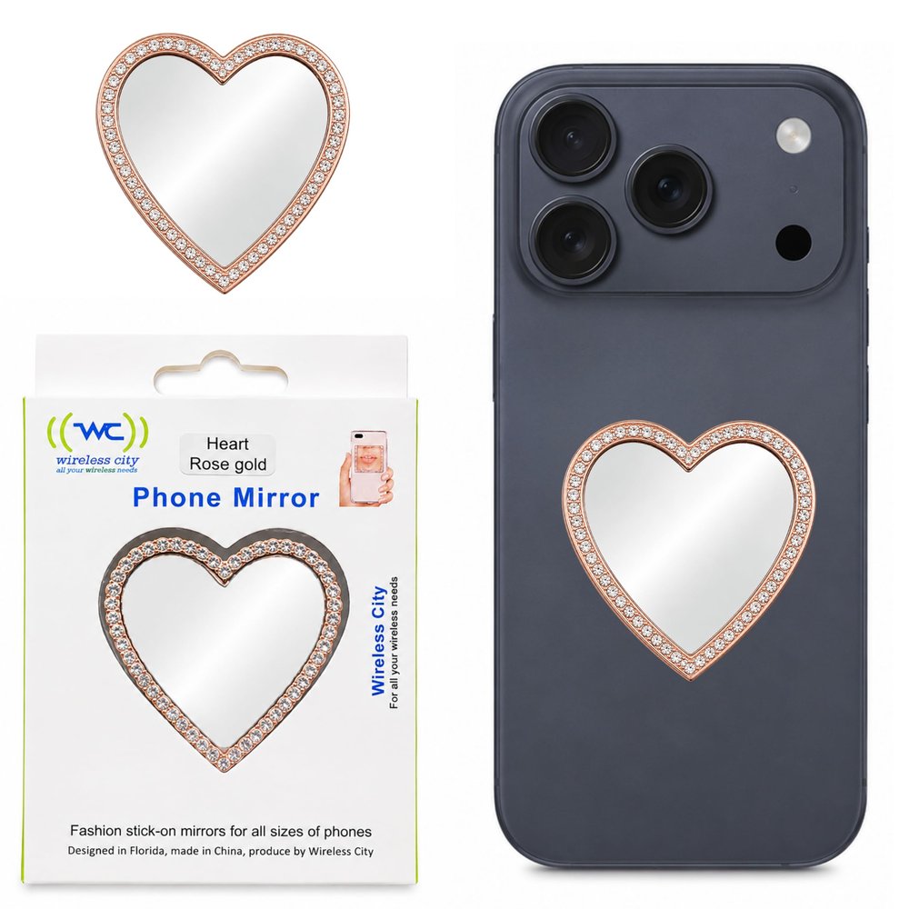 Wireless City Heart Phone Mirror Stick-On, Rose Gold Diamond Bling Makeup Mirror with Cubic Zirconia, 5.5cm Ideal for Makeup and Womens Touch-Ups