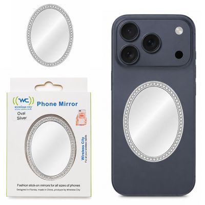 Wireless City Oval Phone Mirror Stick-On, Silver Diamond Bling Makeup Mirror with Cubic Zirconia, 5.57cm Ideal for Makeup and Womens Touch-Ups