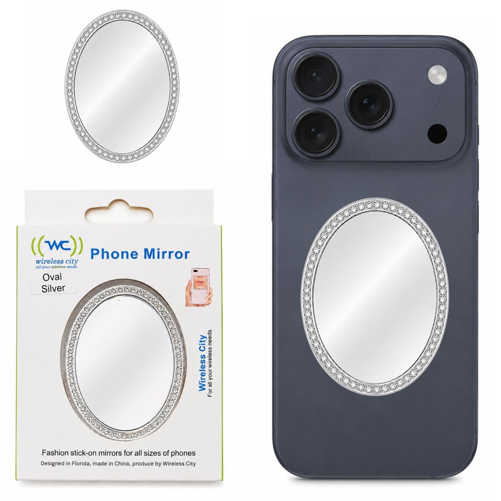 Wireless City Oval Phone Mirror Stick-On, Silver Diamond Bling Makeup Mirror with Cubic Zirconia, 5.57cm Ideal for Makeup and Womens Touch-Ups