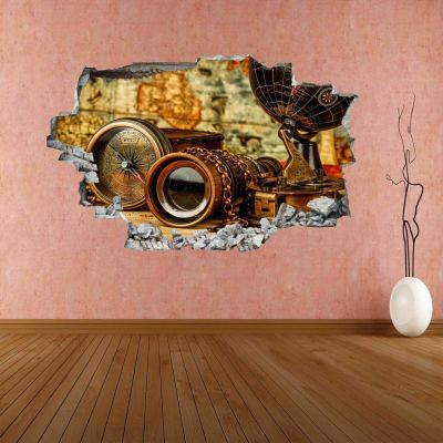 3D Wall Decal Vintage Antique Compass Binoculars World Map Wall Sticker Mural Decal Decor 43" x 28"
