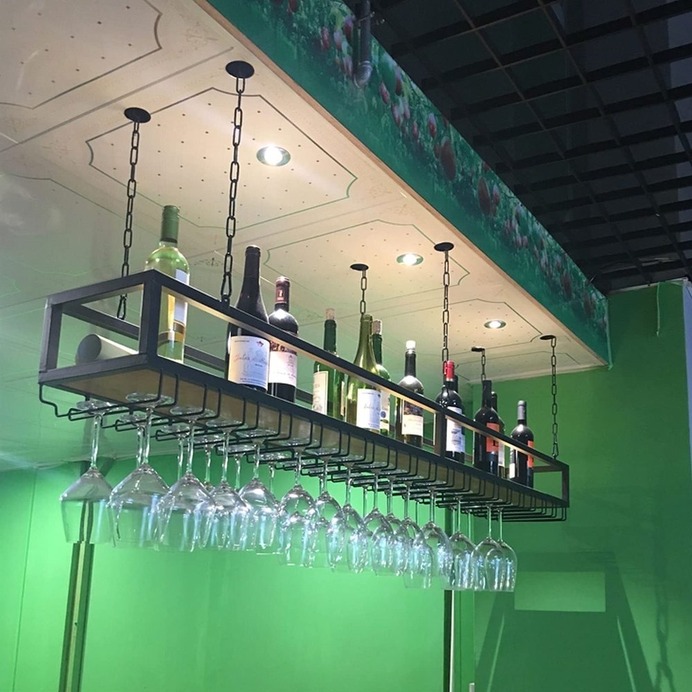 Ceiling Wine Glass Rack - Hanging Wine Rack with Glass Holder and Shelf, Height Adjustable Industrial Hanging Wine Bottle Holder, Black Metal Ceiling Shelf for Bar Cafe Kitchen (639.88.6in)