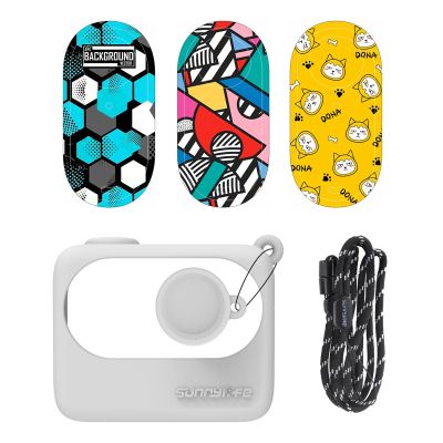 4 Pcs Set Silicone Case Camera DIY Sticker for Insta360 Go 3, Lens Cap Protective Sleeve Cover with Lanyard (White)