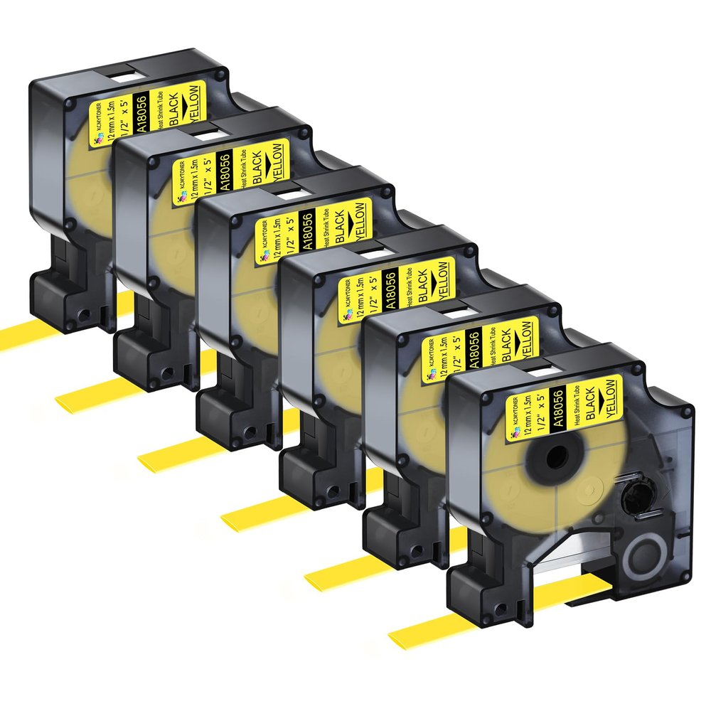 KCMYTONER 6PK Compatible for Dymo Rhino 18056 A18056 Black on Yellow 12mm 1/2 inch Industrial Heat Shrink Tubes Label for Rhino 1000 3000 4200 5000 5200 6000 3M Label Maker Refills
