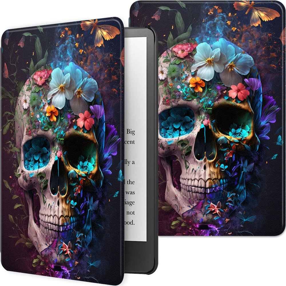 Case for 6.8" Kindle Paperwhite (11th Generation-2021) and Kindle Paperwhite Signature Edition, Multiple Angle, PU Leather Slim Folio Stand Smart Cover with Auto Wake/Sleep, Skulls and Flowers