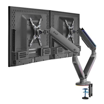 AVLT Dual 27-43 RGB Gaming Monitor Arm Desk Mount Built-in 20 Lighting Modes Touch Button Control Fits Flat/Curved/Ultrawide Screen Height Swivel Tilt Rotation Adjustable Monitor Stand -Dark Gray