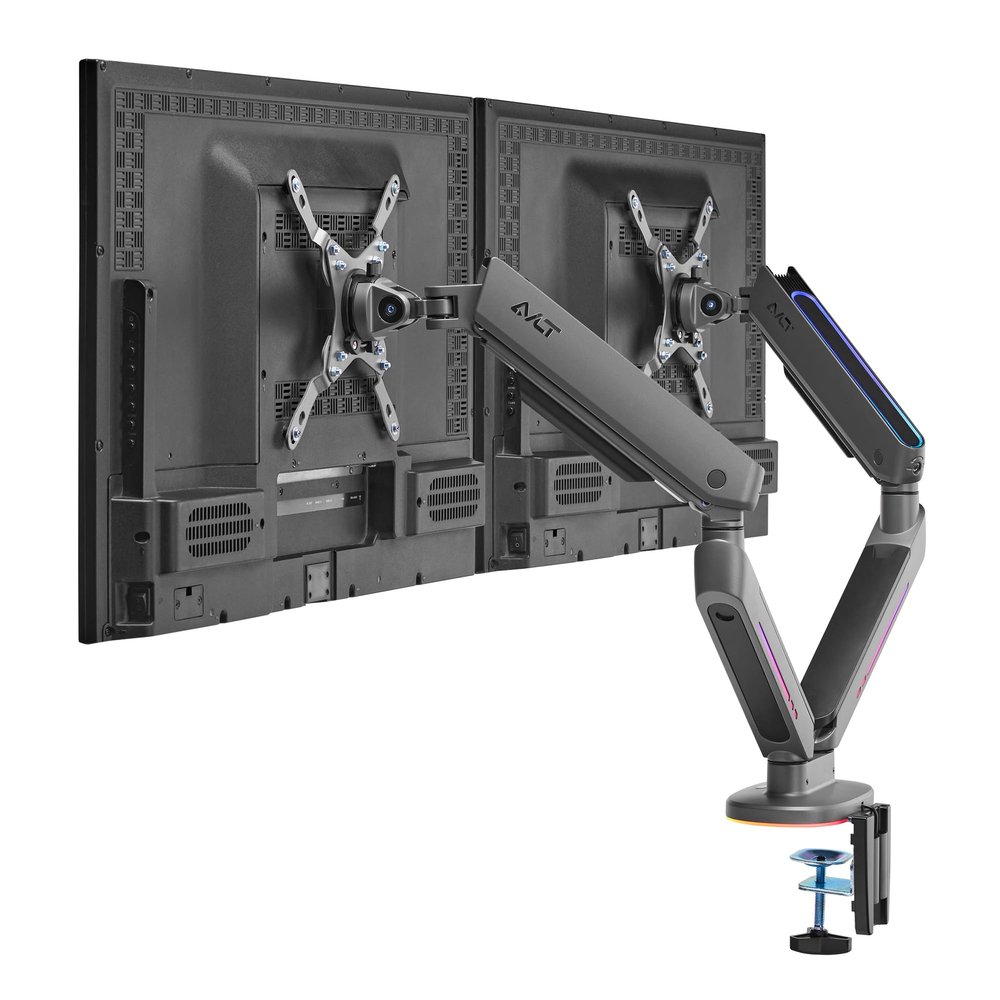 AVLT Dual 27-43 RGB Gaming Monitor Arm Desk Mount Built-in 20 Lighting Modes Touch Button Control Fits Flat/Curved/Ultrawide Screen Height Swivel Tilt Rotation Adjustable Monitor Stand -Dark Gray